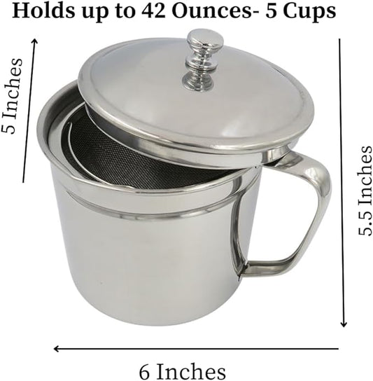 Evelots Cooking Oil Storage Can-Bacon Grease Keeper-Stainless Mesh Strainer-Easy Grip Handle-Large 5 Cup Fat Storage