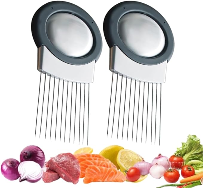 Onion Slice Holder, 2025 Upgraded Stainless Steel Onion Holder for Slicing Lemon Slicer Vegetable Cutter, Kitchen Chopper Slicing Assistant Tool for Meat, Onion, Potato, Tomato (2, B)