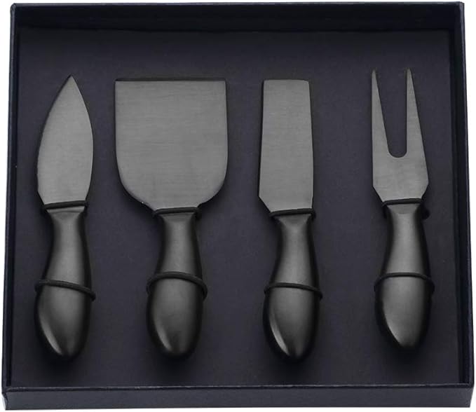 Buyer Star Black 4 Piece Cheese Knife Set Stainless Steel Mini Cheese knives Charcuterie Board Accessories Cheese Spreader Knife with Present Box for Charcuterie, Present-Ready
