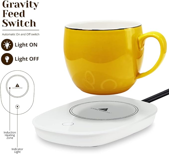 Amruta Auto On/Off Gravity Induction Coffee Mug Warmer, Warming Plate for Coffee Mugs Tea Cups, Great for Beverages Coffee, Tea, Cocoa, Milk, Water (Warmer-White)