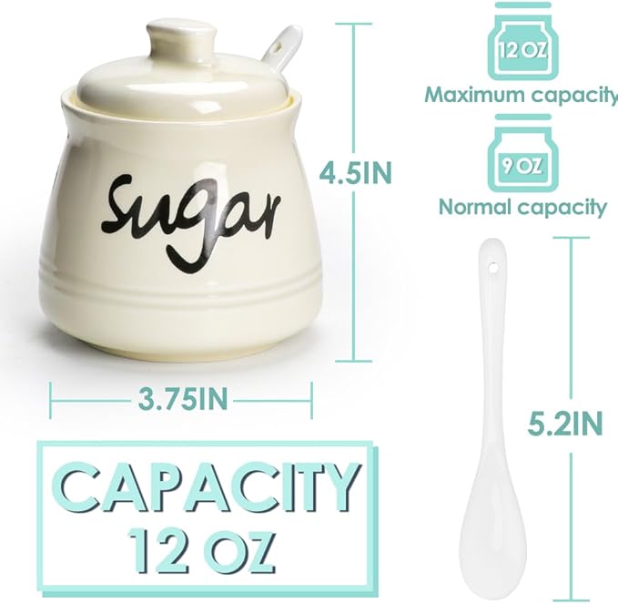 Porcelain Sugar Bowl with Lid and Spoon,12 Ounces Ceramic Sugar Jar Sugar Dispenser,Sugar Container for Home and Kitchen Decor (Cream)