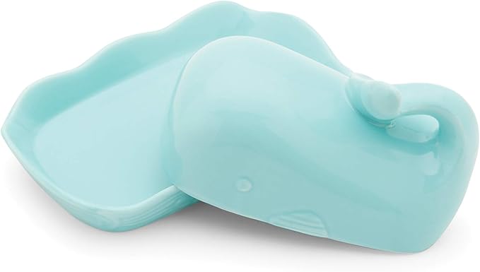 Fox Run Whale Ceramic Butter Dish with Lid, 7", Aqua Blue