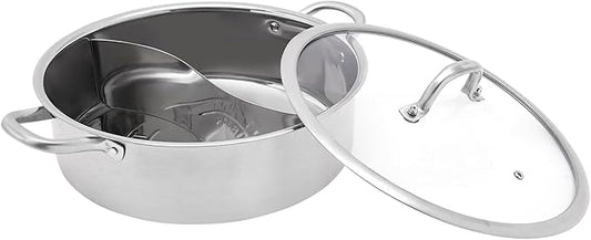 304 Food Grade Stainless Steel Shabu Shabu Hot pot with Divider&Lid,Leaky Spoon,Spoon,for Induction Cooktop Gas Stove Dual