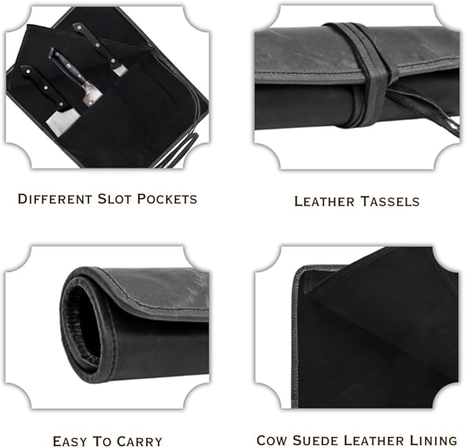 Autentico Genuine Buffalo Leather Small Knife Case Holder Chef's Knife Roll Holder Cutlery Sheath Carrying Case Organizer Storage Bag Travel Friendly Artist Gift for Men & Women Teak