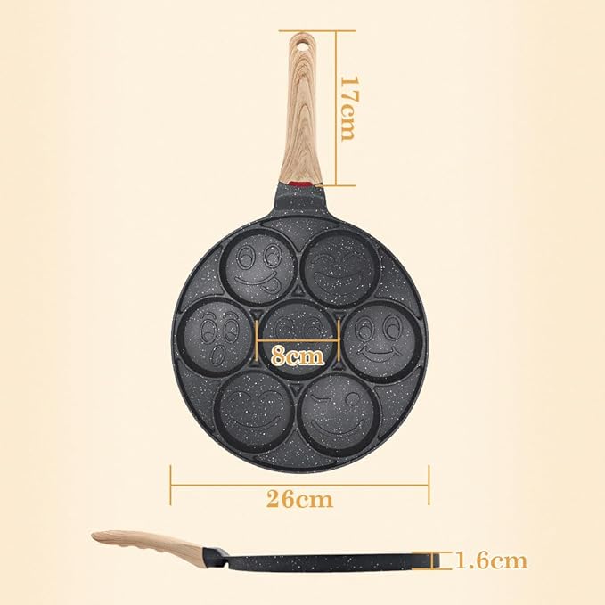 Nonstick Pancake Pan, Smiley Face Pancake Frying Pan, 7 Holes Mini Pancake Maker for Kids 10.4 in, Gas only - Black