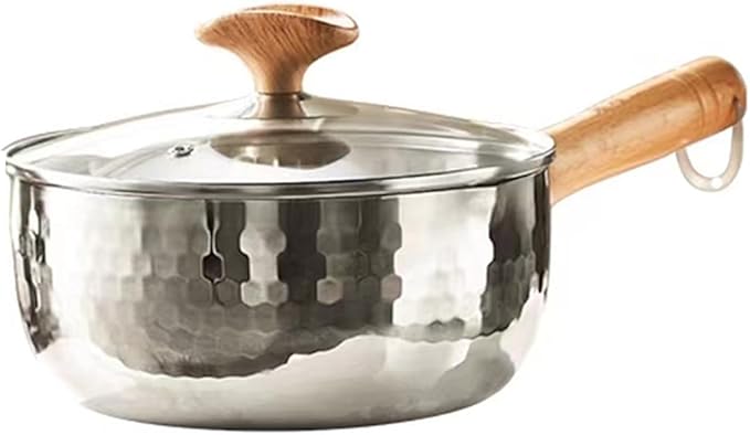 Scizorito 2.2 Quart Silver Stainless Steel Sauce Pot with Inverted Mouth, Solid Wood Handle, Hook, Lid, Suitable for Induction, Gas, Electric Stoves
