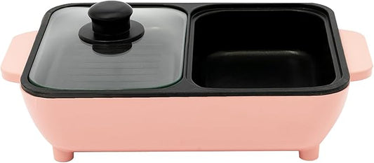 Electric Hot Pot With Grill, 2-in-1Non-Stick Pan For Boiling & Frying with 149°F to 482°F Two Temperature Settings, Electric Hot Pot With Grill for Korean BBQ, Steaks, Shabu Shabu and Noodles (Pink)
