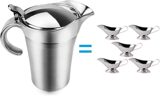 ShineMe Stainless Steel Gravy Boat Sauce Jug with Lid, 26oz Double Wall Insulated, Storage for Gravy or Cream, Used at Home & Kitchen