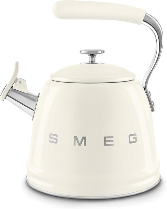 SMEG Stovetop Whistling Kettle – 50s Retro Style, 2.3 Liter (10 Cup / 2.4 Quart) Stainless Steel Tea Kettle with Iconic Design & Whistle – Premium Kitchen Statement Piece-Cream