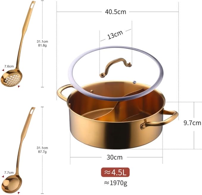 11.8 Inch Stainless Steel Shabu Hot Pot with Divider, Glass Lid Dual Sided Stockpots, Slotted Spoon and Soup Ladle for Induction Cooktop Gas Stove,Dishwasher safe (Gold)