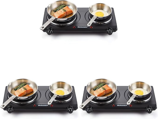 Elite Gourmet EDB-302BF# Countertop Double Cast Iron Burner,1500 Watts Electric Hot Plate,Temperature Controls,Power Indicator Lights,Easy to Clean,Black,(Pack of 3)