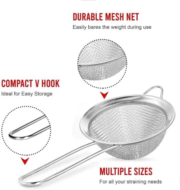 3 Pack - 3.8", 3.2", 2.8" Diameter Stainless Steel Fine Mesh Strainer with Sturdy Handle and Hook