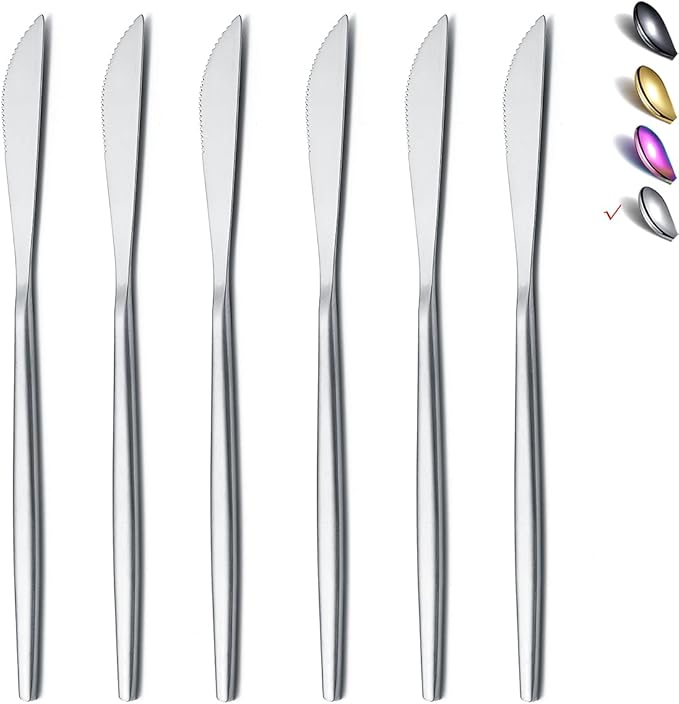 HOMQUEN Dinner Knives 6 Piece, Stainless Steel Matt Silver Dinner Knife, Sturdy butter knife, Modern Design butter knives, Dishwasher Safe (Matt Silver-8.9 Inch)