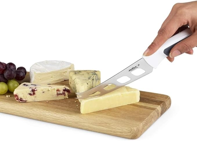 Zyliss Cheese Knife – Stainless Steel Blade with Non-Stick Holes & Forked Tip for Serving – Cuts Soft, Semi-Soft & Firm Cheeses – Gray & White Handle – 4.5"