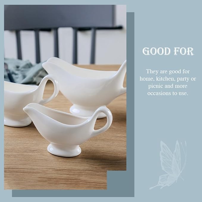 Sewroro 2pcs Ceramic Gravy Boats Sauce Bowls with Handle White Porcelain Serving Bowls for Kitchen Condiments (size 2)