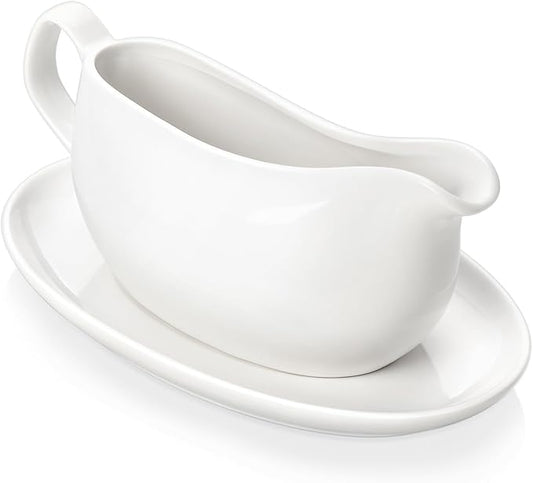 MALACASA 14 oz Gravy Boat with Saucer Stand, Porcelain Sauce Boat with Tray for Salad Dressings, Creamer, Broth, Milk, Ergonomic Handle, Microwave & Dishwasher Safe (White)