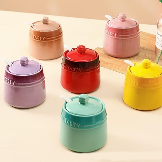 Colourful Ceramic Spice Jar Seasoning Box Condiment Pot Sugar Bowl with Lid Spoon-Red