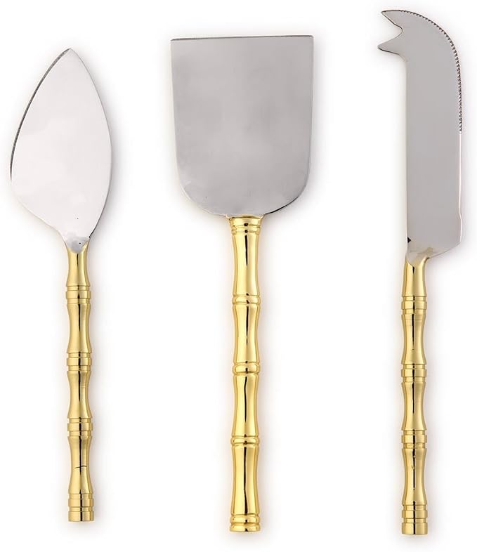 Two's Company Gold Bamboo Cheese Knives in Gift Box, 7-Inch, Stainless Steel, Set of 3