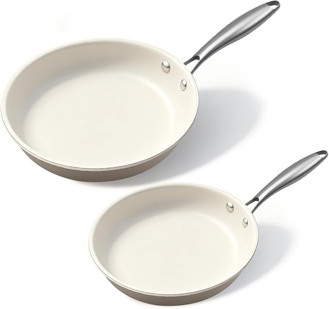 Jovire 8.5 Inch and 10.25 inch Ceramic Nonstick Frying Pan Skillet - PFAS-Free, Non-Toxic, Oven Safe & Induction Ready, Aluminum Cookware with Stainless Steel Handle