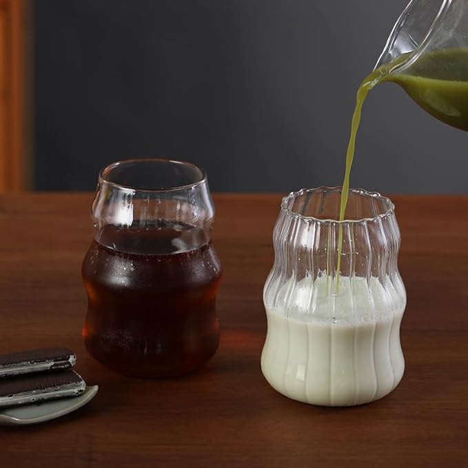 2 Pcs Ribbed Glass Cups, 18 Oz Vintage Drinking Glassware with Wave Shape Design, Bubble Cups for Iced Coffee, Juice, Beverage, Milk, Cocktails, Bubble Tea, and More