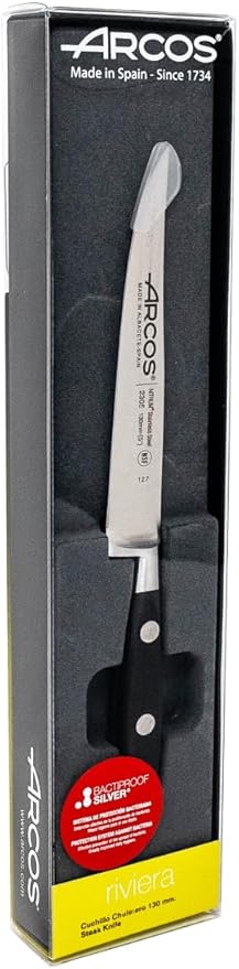 Arcos Knife 130 mm 5 Inch Nitrum Stainless Steel and 130 mm blade. Professional Cooking Knife For Cutting Variety of Foods. Ergonomic Polyoxymethylene POM Handle. Series Riviera. Color Black.