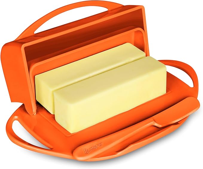 Butterie Flip-Top Butter Dish with Lid & Matching Knife, Holds 2 Sticks/European Butter, No-Mess Butter Holder, Shatterproof, Dishwasher Safe, Orange