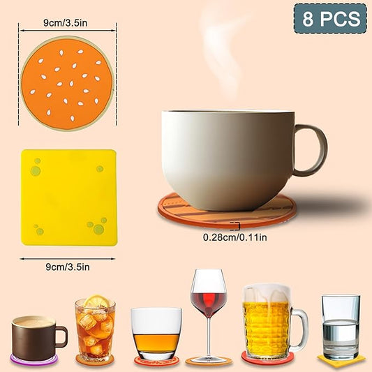 Coasters Set of 8 Cute Hamburger Cup Coasters for Drink, PVC Scratch-Resistant Non Slip Hot Cold Table Drinks Coasters for Beverage Drink Beer Wine Glass Coffee Tea