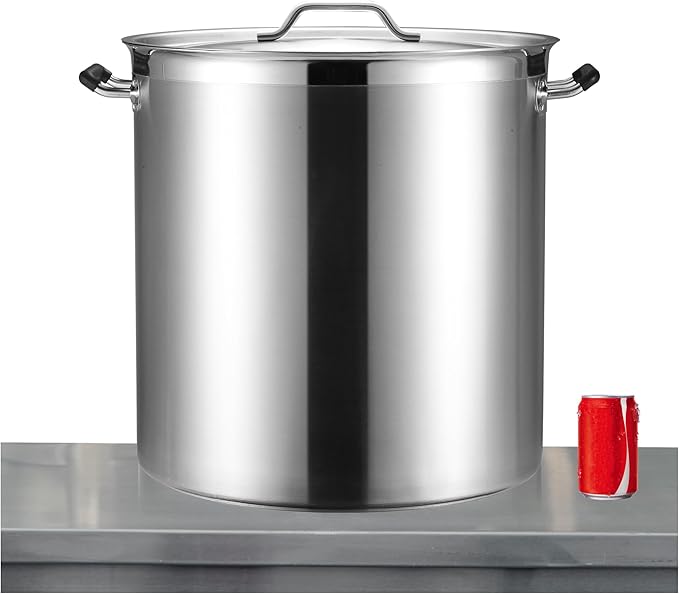 CURTA 100 Quart Large Stock Pot with Lid - Bottom Width 19.7 Inches - NSF Listed 3-Ply Clad Base 18/8 Stainless Steel Commercial Induction Ready Cookware
