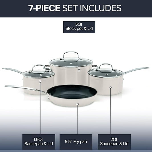 Nuwave Healthy Duralon Blue Ceramic Nonstick Coated 7pc Cookware Set, Scratch-Resistant Diamond Infused, PFAS Free, Induction Ready & Evenly Heats, Oven Safe, Tempered Glass Lids