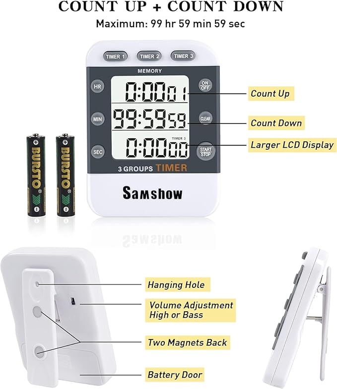 Digital Kitchen Timer Dual Timers 3 Channels Count UP/Down Cooking Timer Large Display, Adjustable Volume Alarm with Magnetic Back, Stand, Battery Included