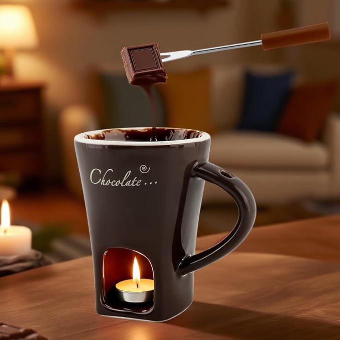 Chocolate Fondue Mugs, Chocolate Melting Cup Set with Forks Candle Warmer, Mini Ceramic Coffee Warmer Mug, Fondue Cups With Forks For Date Night Birthday Wedding Gifts(Black)