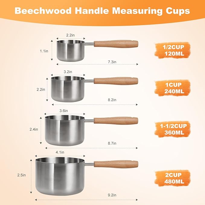1PCS 2Cup(480ml | 16oz) Dog Cat Food Scoop, 18/8(304) Stainless Steel Measuring Cup with Wooden Handle, Etched Measurements Inside, BPA Free Portion Control for Pets & Kitchen Use