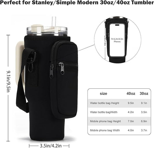 Water Bottle Carrier Bag for Stanley 40/30 oz Tumbler with Phone Pocket Neoprene Water Bottle Holder with Shoulder & Handheld Strap Stanley Cup Accessories