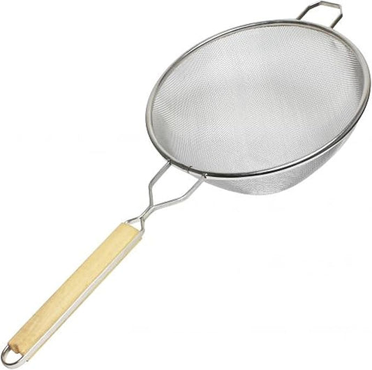 TrueCraftware- 10-Inch Single Medium Mesh Strainer Stainless Steel 10-3/4" Handle Length Wooden Handle- Kitchen Utensil Food Strainer Skimmer Spoon for Cooking Sieve Sifters Pasta Fruits Vegetable