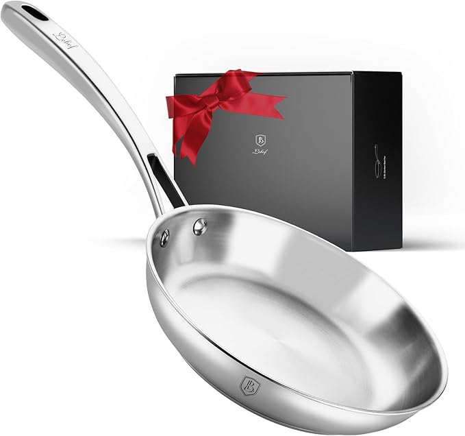 8 Inch Stainless Steel Pan, 5-Ply Clad Base 800℉ Safe Stainless Steel Frying Pans for Even Heating, Premium Cookware for Induction, Gas, Electric&Oven