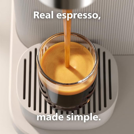 Philips Baristina Espresso Machine - Real espresso, made simple. Compact coffee machine, natural white with ash wood portafilter, 16 bar pump pressure, automatic grinder, Cafe Crema (BAR302/20)