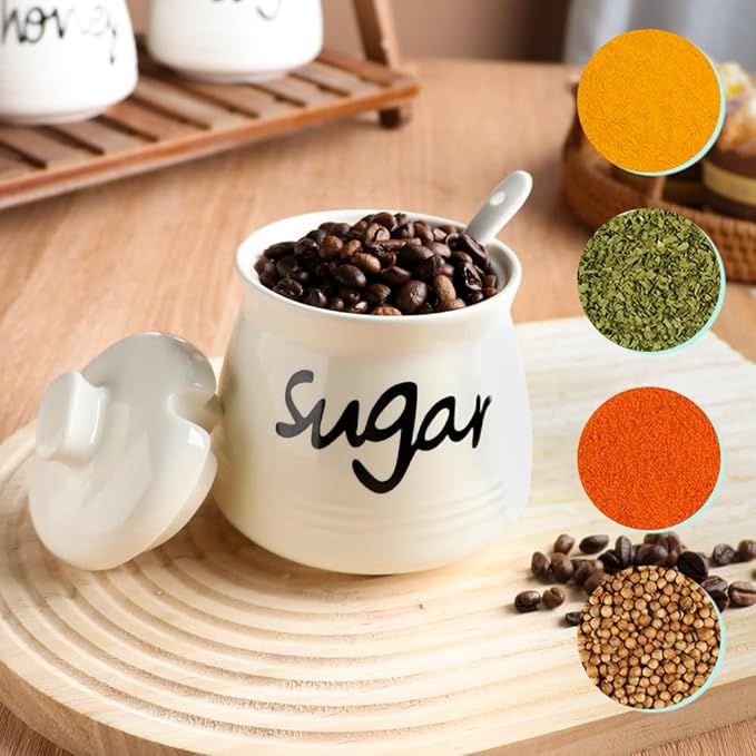 Porcelain Sugar Bowl with Lid and Spoon,12 Ounces Ceramic Sugar Jar Sugar Dispenser,Sugar Container for Home and Kitchen Decor (Cream)