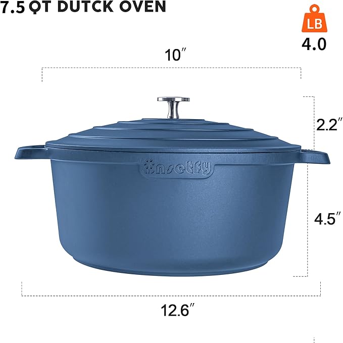 INSETFY Large Dutch Oven Pot with Lid-7.5QT Cast Aluminum Oven Pot with Two Handles Lightweight for Bread Baking Braising and Roasting(Blue)