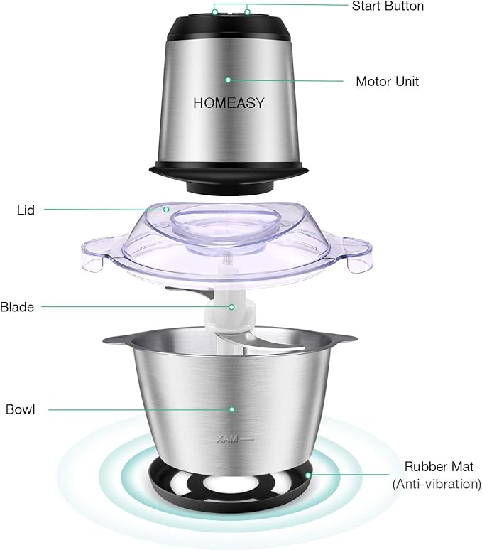 HOMEASY Meat Grinder Electric, Food Processor 2L Stainless Steel Meat Blender Food Chopper for Meat, Vegetables, Fruits and Nuts with 4 Sharp Blades, 350W, 8 Cups