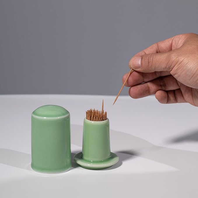 ceramic Toothpick Holder, Toothpick Dispenser with Lid, Porcelain Tooth Pick Holder, Toothpicks Container Case Organizer for Home, Kitchen, Restaurant (Green)