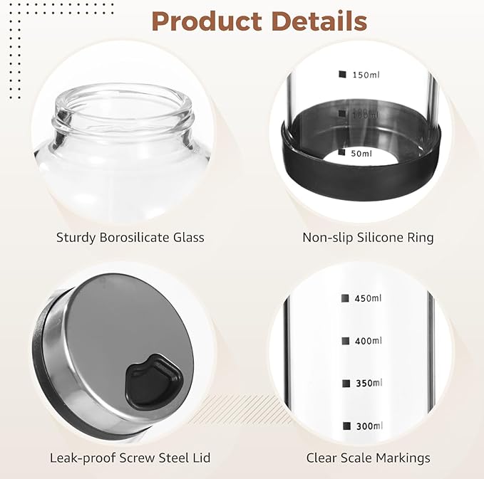 4 Pcs Salt & Pepper Shakers, Large Glass Spice Jars with Adjustable Pour Holes, Spice Dispensers with Non-skid Silicone Bases, Seasoning Jars with Rotating Steel Lids for Kitchen(500ml)