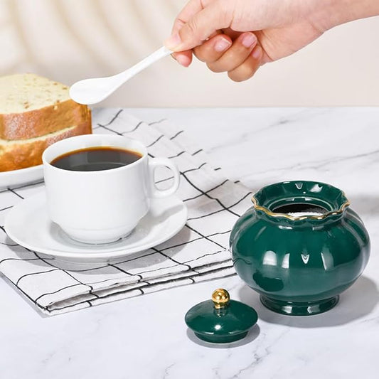 Sugar Bowl with Lid and Spoon, Ceramic Sugar Bowl, 9oz Sugar Jar for Coffee Bar, Spice Box Sugar Containers for Seasoning, Sauce, Elegant Decor for Kitchen Countertop