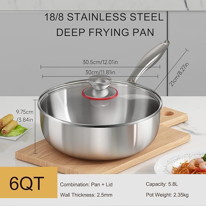 YeKuKing Tri-ply Stainless Steel Saute Pan 6-Quart with Clear Lid Deep Frying Pan for Chef's Cooking Wok Induction Oven Dishwasher Safe, Compatible with All Cooktops(Detachable Handle, 12 Inch)