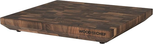 WoodForChef Heritage Large Walnut End Grain Cutting Board – Heavy Butcher Block Board with Feet & Mineral Oil Bottle – Foodsafe Wooden Prep Deck for Kitchen & Professional Chefs - 18x16x2 inches