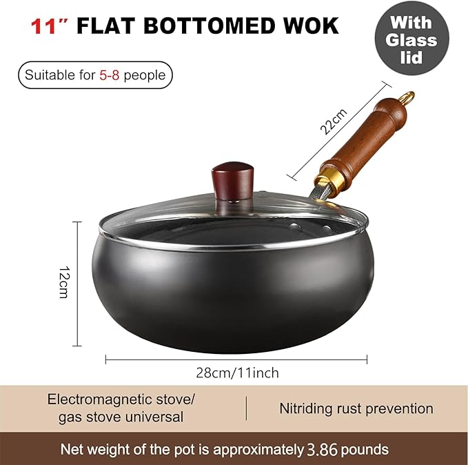 UMETRE Carbon Steel Wok Pan, 11" Woks & Stir-Fry Pans with Glass Lid Cookwares, Nonstick Wok Flat Bottom Small Handmade Chinese Wok For for All Stoves