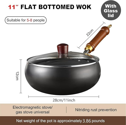 UMETRE Carbon Steel Wok Pan, 11" Woks & Stir-Fry Pans with Glass Lid Cookwares, Nonstick Wok Flat Bottom Small Handmade Chinese Wok For for All Stoves