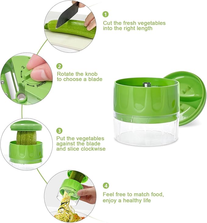 3-in-1 Vegetable Spiralizer Slicer, Adjustable Mandoline Spiral Cutter for Zucchini Noodles, Carrots, Cucumber (Green)