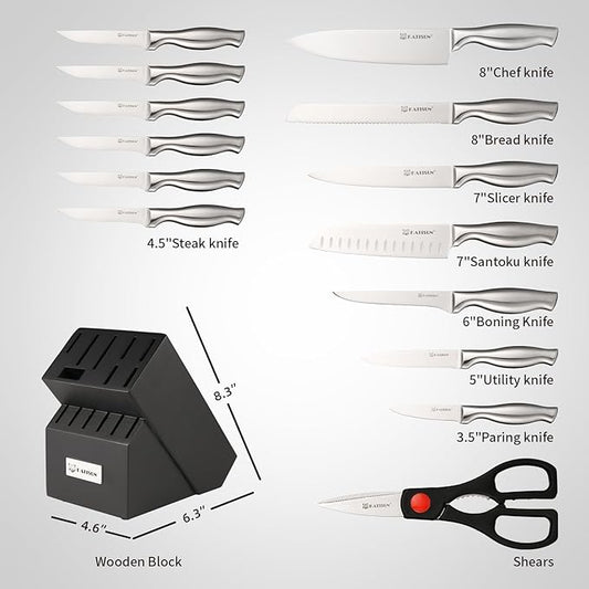 Kitchen Knife Set, 15 Pieces Knife Set with Block, Knives Set for Kitchen, Silver Hollow Ergonomic Handle for Chef Knife Set, Kitchen Shears,Black Knife Block Set, HM2201T-15B