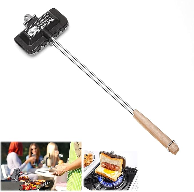 Hot Sandwich Maker, Double-Sided Sandwich Baking Pan,Double Sided Frying Pan for Breakfast,Hot Dog Toaster,Campfire Sandwich Maker(Long Handle Style)