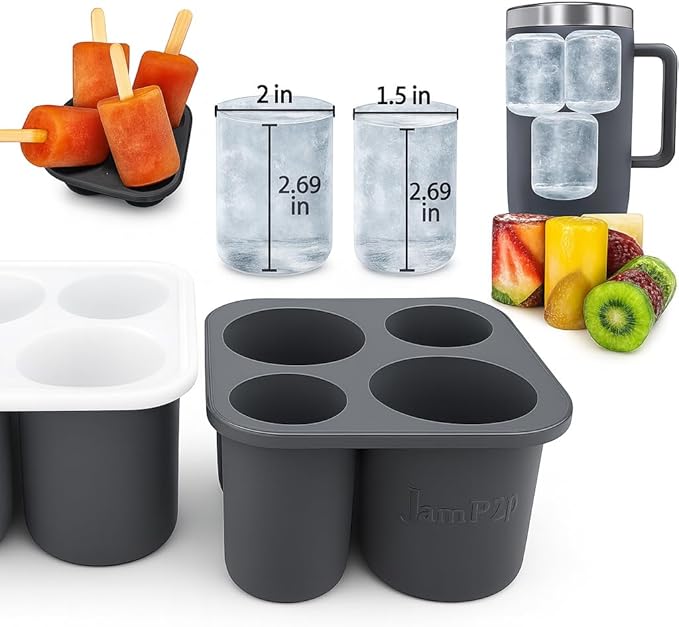 Large 2+ inch cylinder Ice Cubes for Tumblers, Stanley cup accessories, Silicone ice cube tray, makes solid slow melt cubes for cocktails, travel and sport water bottles, Whiskey, popsicles molds